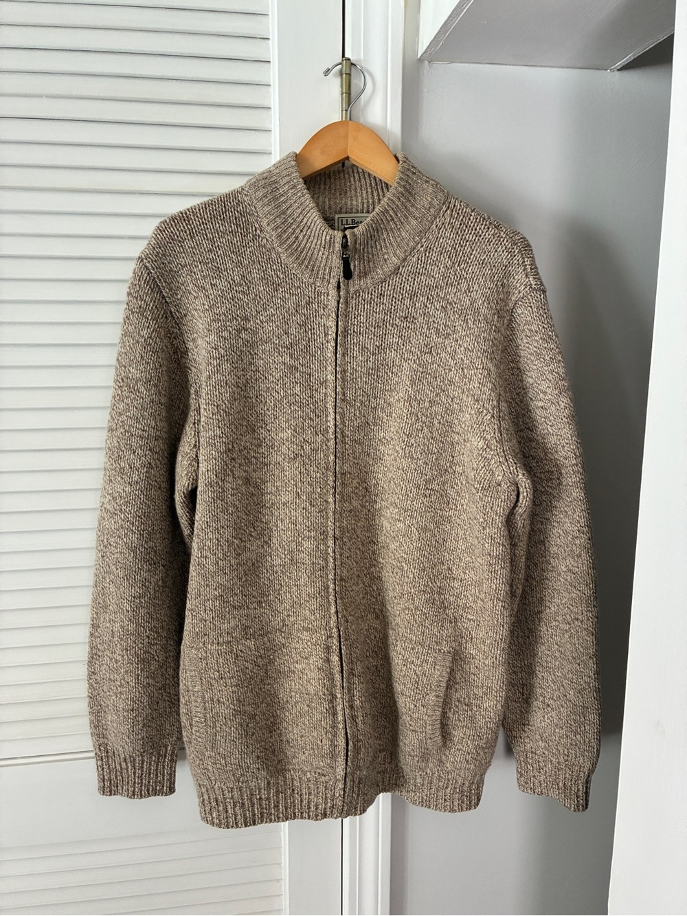 L.L. Bean Men's Full-Zip Heathered Taupe Sweater Fall Outdoors Size L-Tall